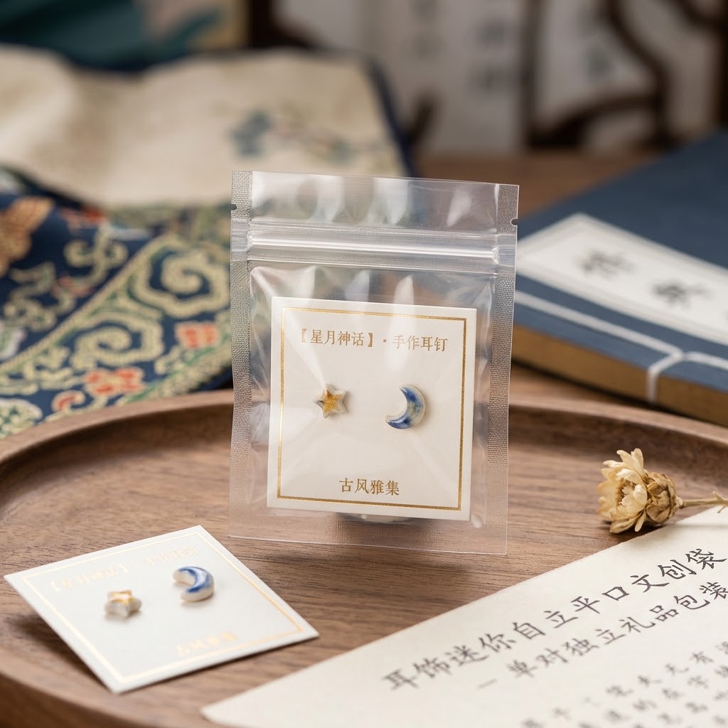 文创耳钉迷你自立平口包装袋 透明耳饰独立礼品袋