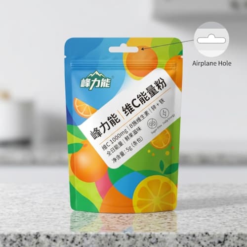 零售展架飞机孔粉剂自立袋 挂孔加固防破