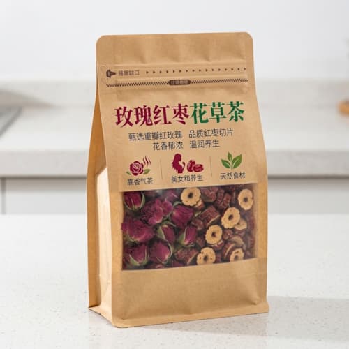 玫瑰红枣花草茶包装袋_牛皮纸开窗拉链袋厂家_食品级花草茶袋定做