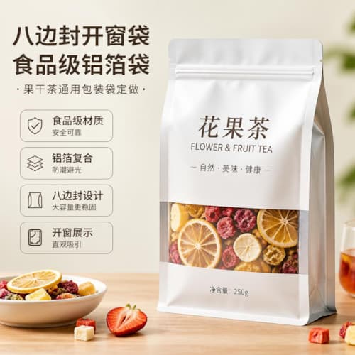 花果茶八边封拉链袋 食品级开窗铝箔袋 果干茶通用包装袋定做