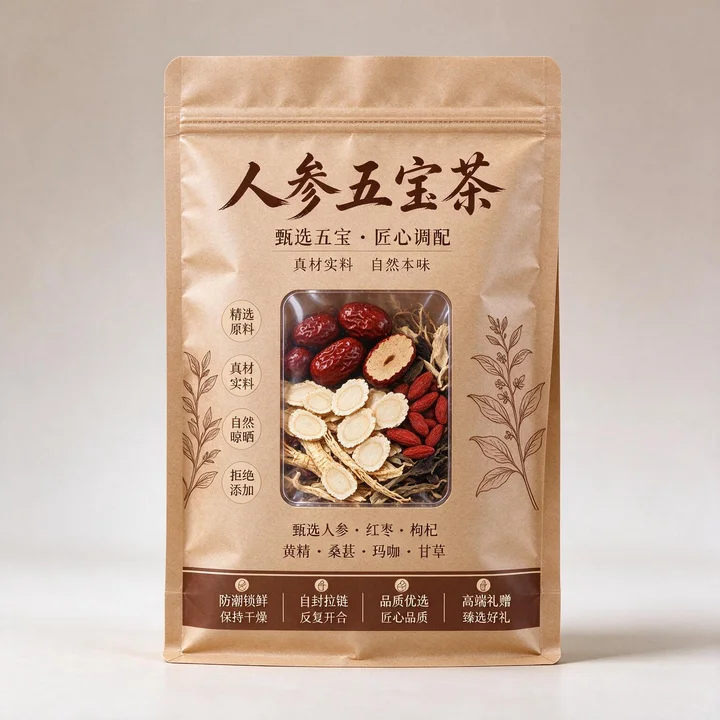 人参五宝养生茶包装袋 牛皮纸开窗拉链袋 防潮代用茶包装袋彩印定做