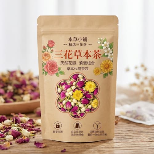 三花代用茶包装袋 牛皮纸开窗自立袋 防