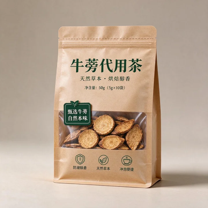 牛蒡代用茶包装袋 三边封牛皮纸开窗袋 防潮草本茶包装定制