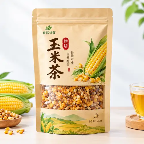 玉米谷物茶包装袋 牛皮纸开窗拉链袋 避光烘焙玉米茶袋子定做