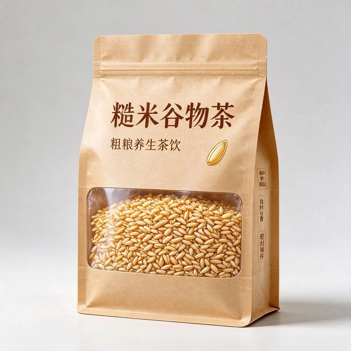 糙米谷物茶包装袋 开窗牛皮纸八边封袋 防潮糙米茶袋定制