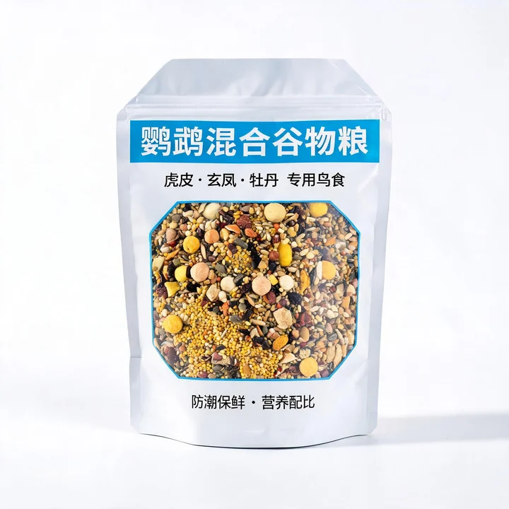 鹦鹉饲料包装袋（鹦鹉混合谷物粮防潮开窗八边封自立袋）