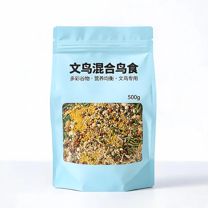 文鸟饲料包装袋(文鸟混合鸟食开窗彩印八边封自立袋)